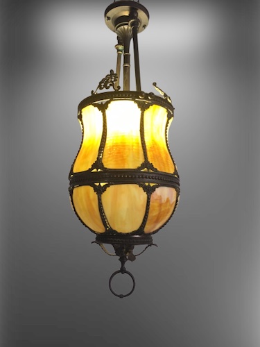 Unusual Belle Epoch Large Leaded Glass Gas Lantern